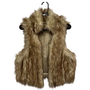 Loft Brown Faux Fur Vest Women Medium Large Shaggy Cropped Open Front Boho